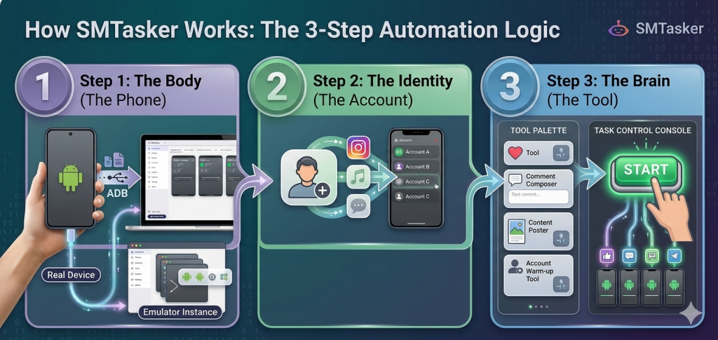 An infographic titled "How SMTasker Works" showing a 3-step automation workflow: Step 1 (The Body) shows connecting a real Android phone or emulator to a laptop; Step 2 (The Identity) shows linking social media accounts to a device; Step 3 (The Brain) shows selecting an automation tool like a "Comment Composer" and clicking a glowing green "Start" button to execute tasks.