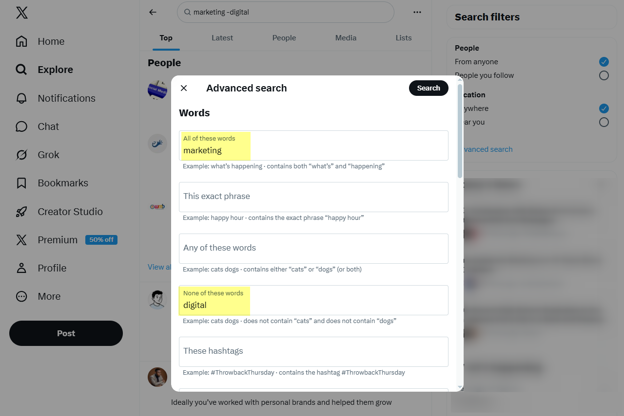 using Twitter advanced search operators