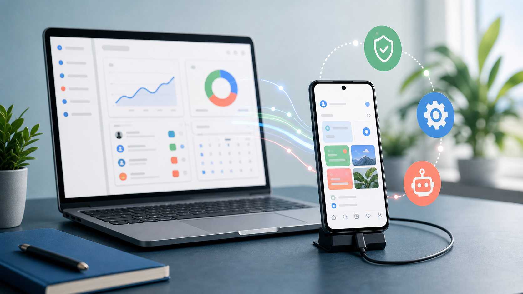 Android phone connected to a laptop dashboard for device-native social media automation