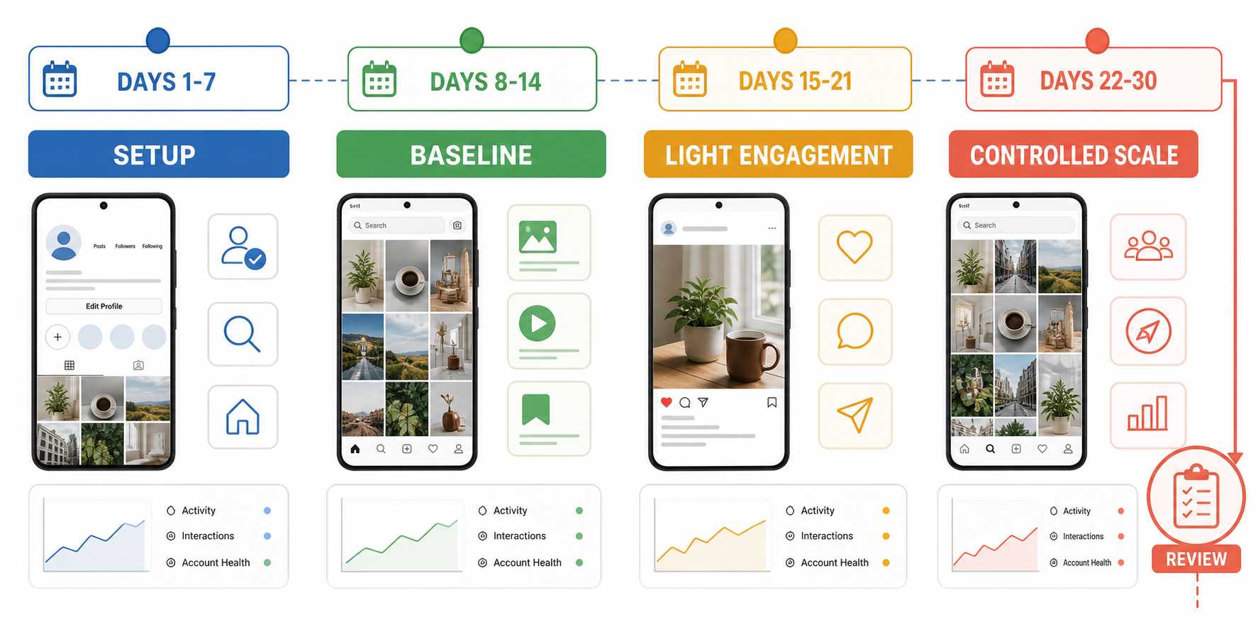 30-day Instagram account warming timeline with four stages from setup to controlled scale