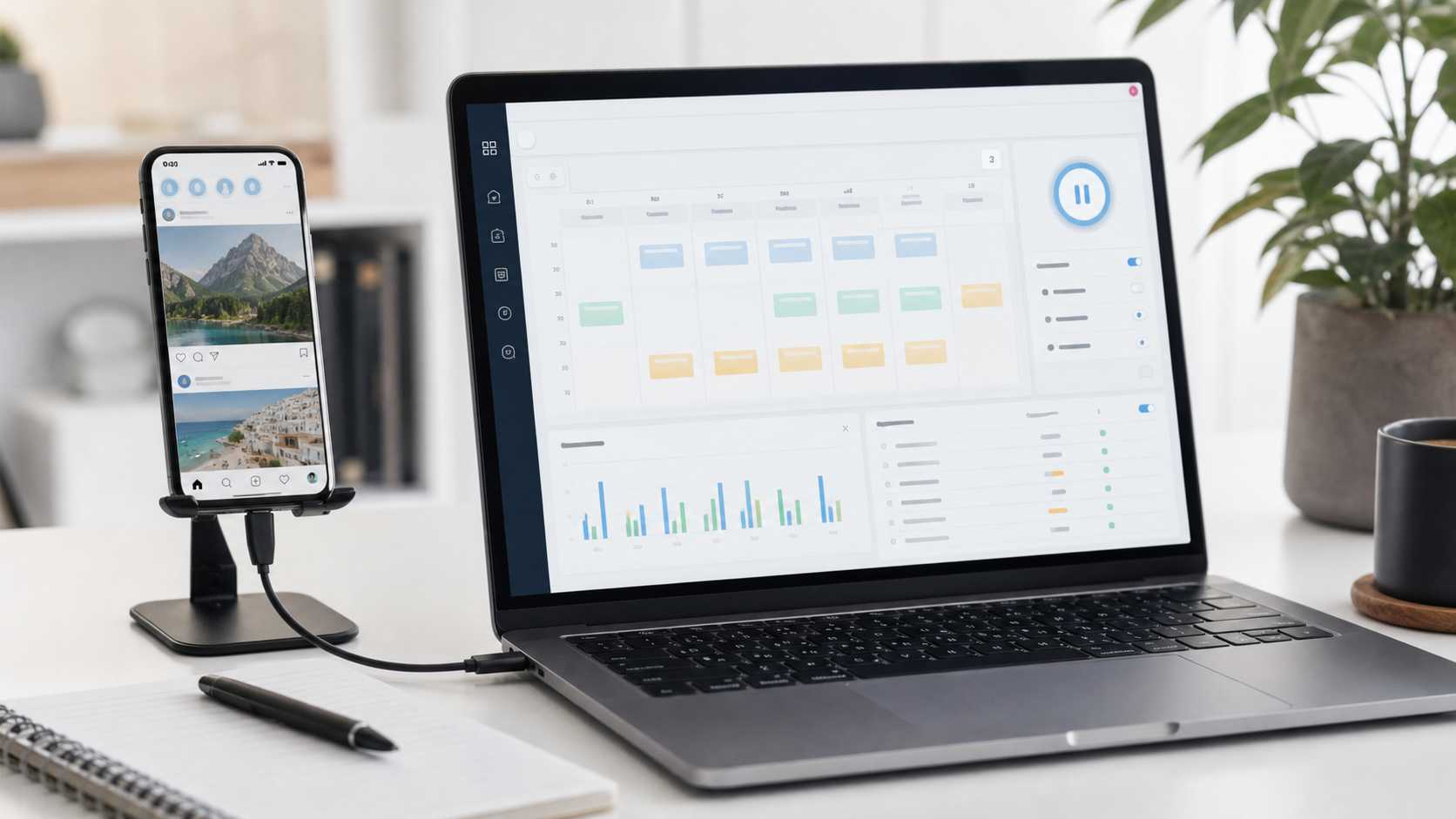 Android phone connected to a laptop dashboard with a weekly social media engagement schedule