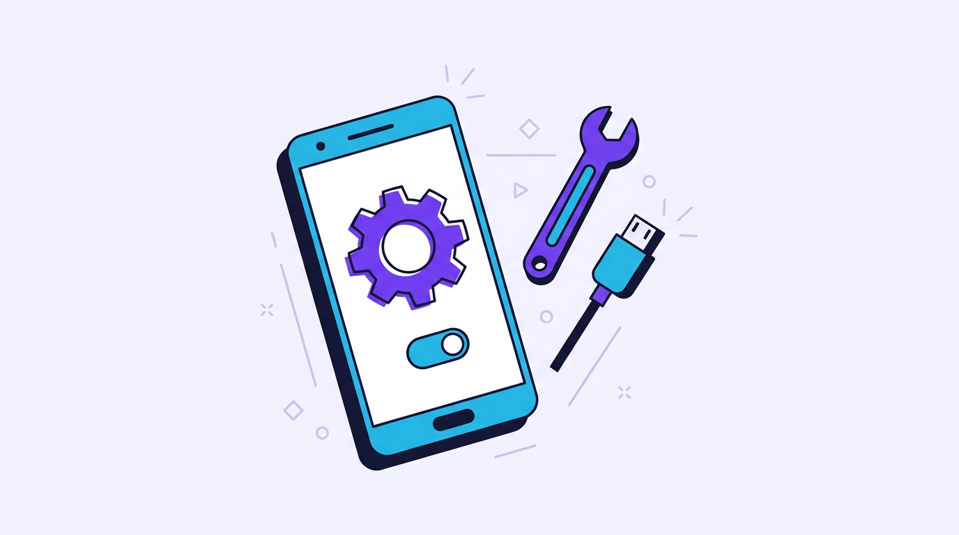 Illustration of an Android phone with a settings gear and a toggle switch turned on, with a wrench and USB plug nearby
