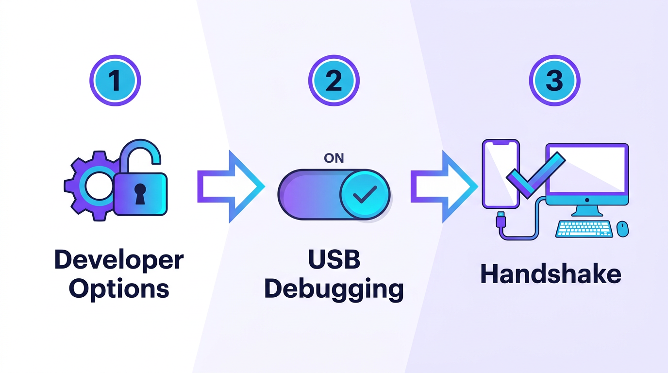 Diagram of the three phone preparation steps: unlock Developer Options, turn on USB Debugging, complete the handshake
