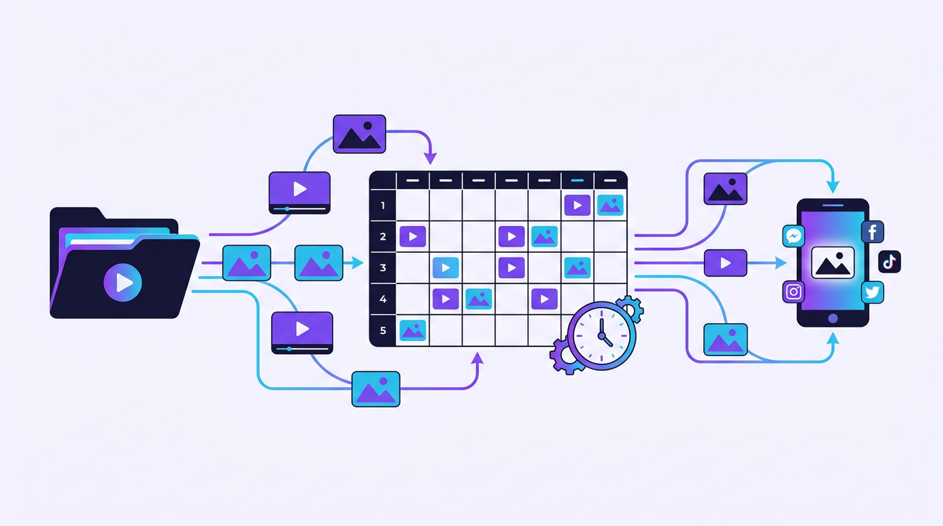 Illustration of media files flowing from a folder into a content calendar and out to a phone posting automatically