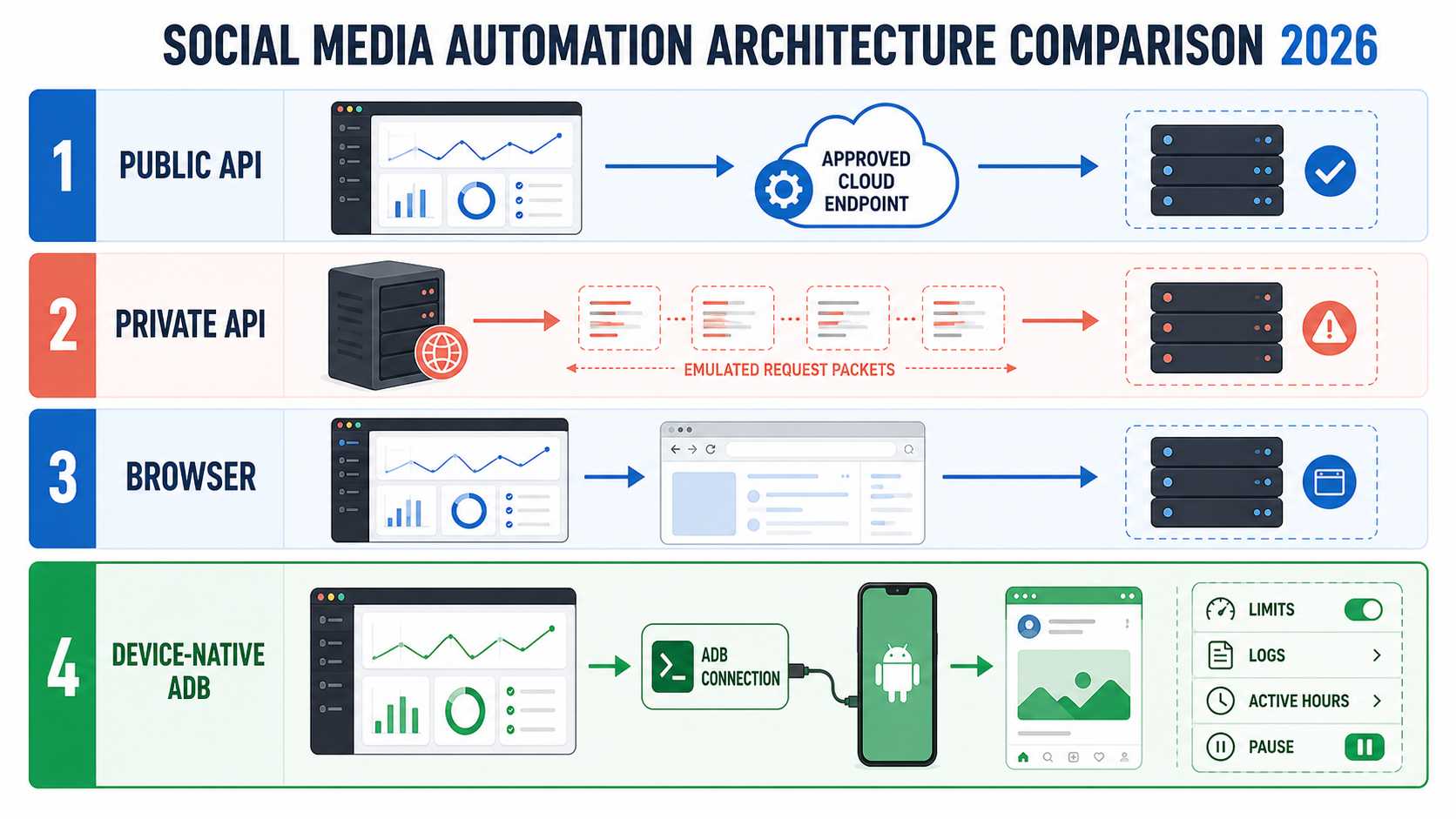 Four execution models compared with device-native Android and ADB automation