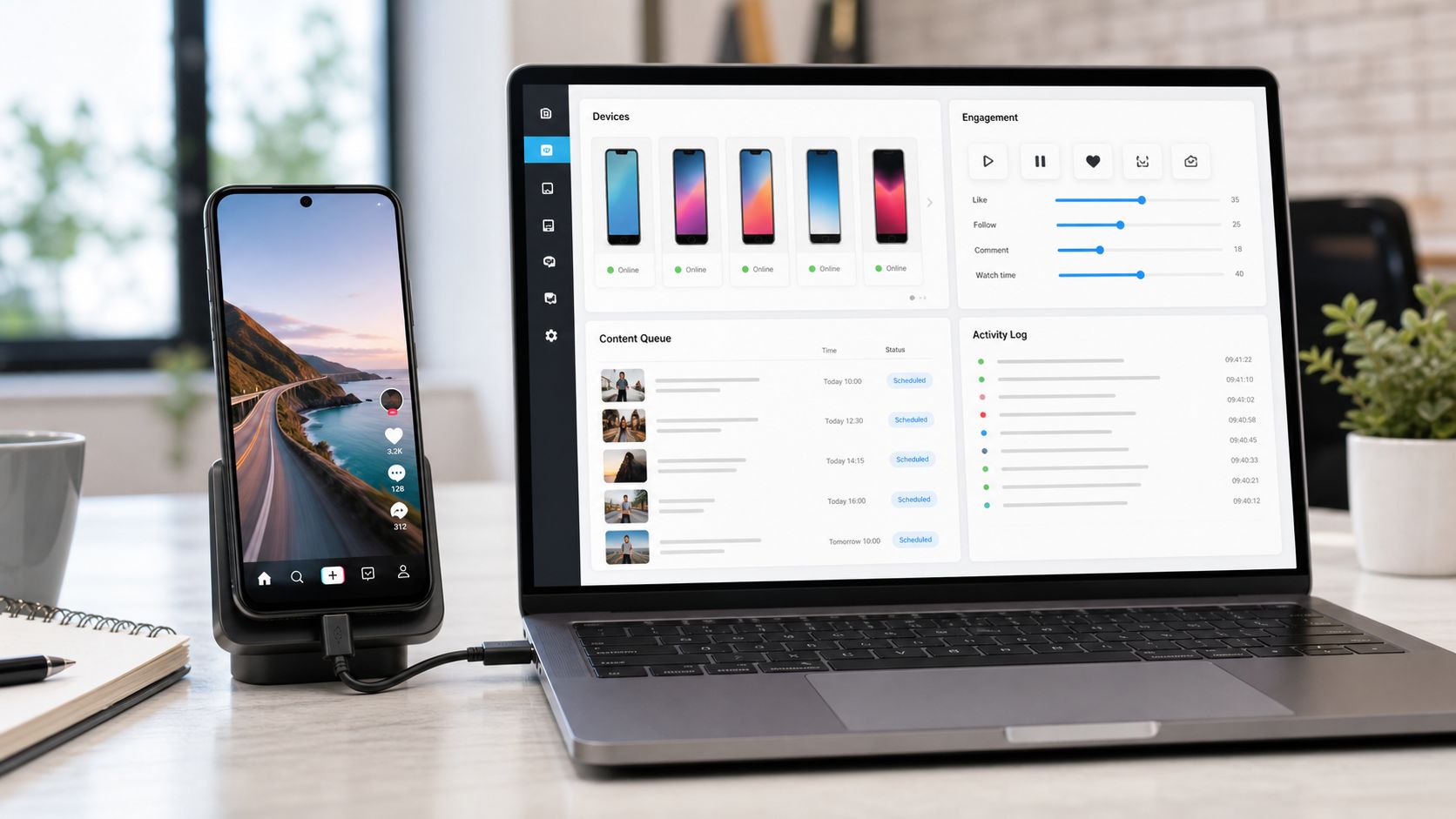 Android phone connected through an ADB bridge to an agency TikTok automation dashboard