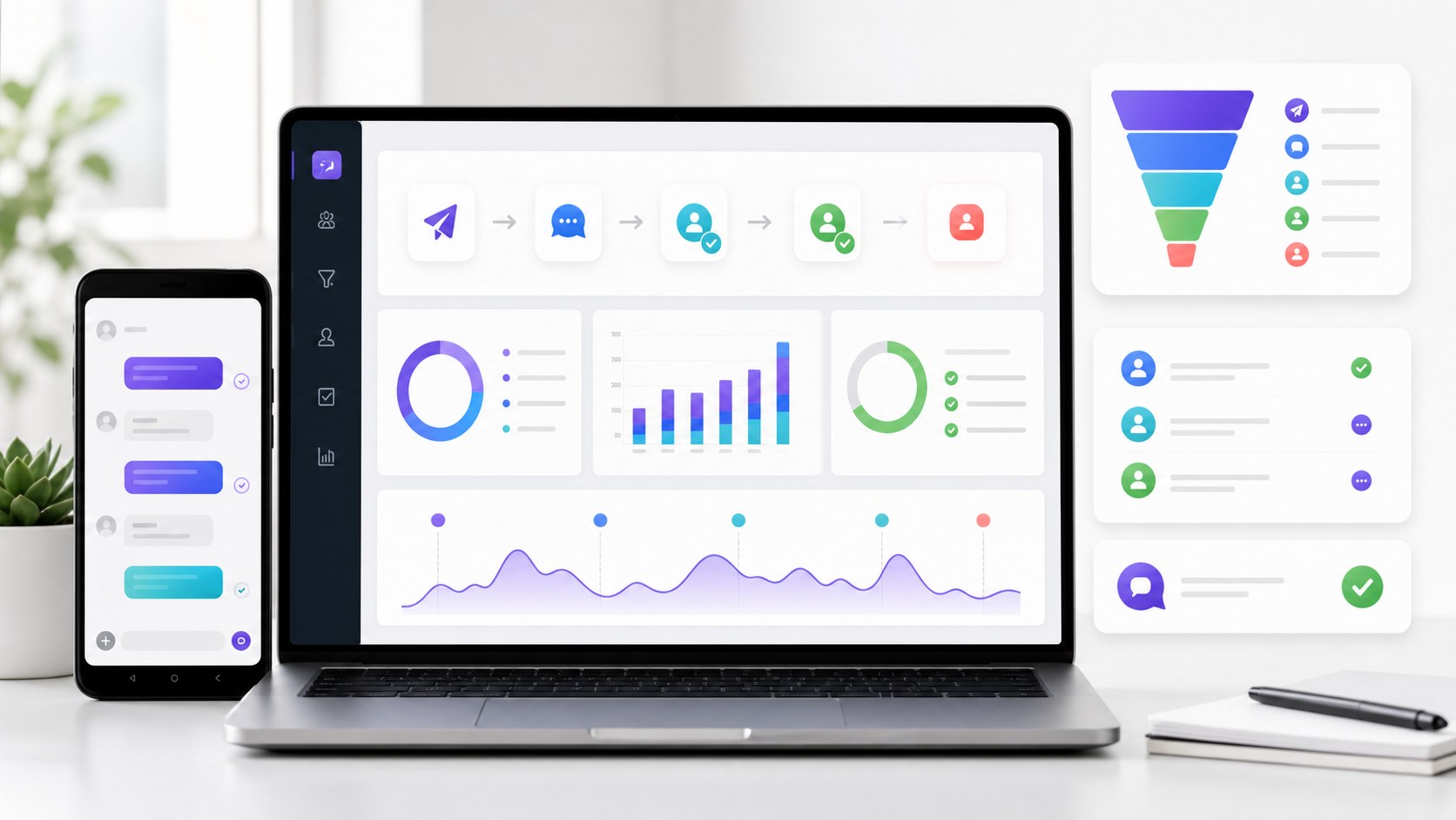 Laptop dashboard tracking Instagram messages, replies, qualified leads, and follow-up results