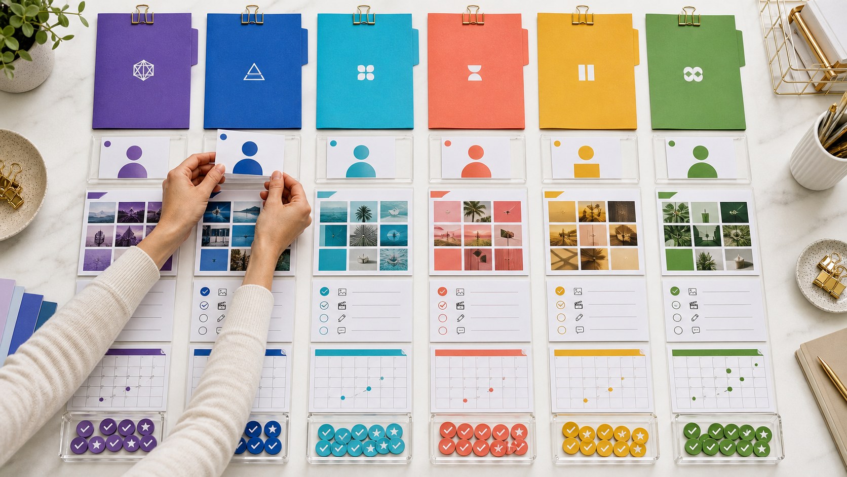 Color-coded agency workspace organizing multiple Instagram client accounts, content, and tasks