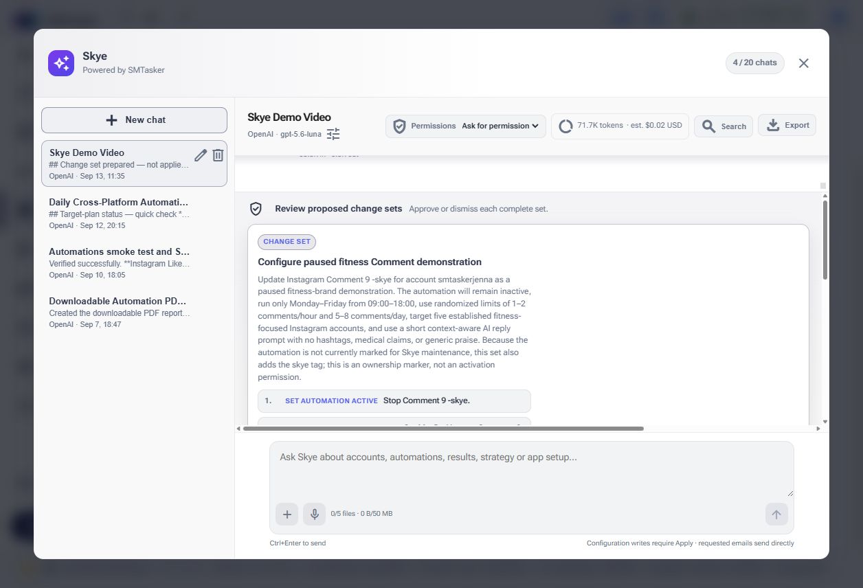 Skye's proposed change set for a paused fitness Comment automation, describing its schedule, limits, audience sources and AI reply instructions