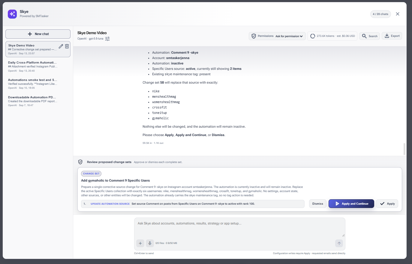 Real Skye source-list revision showing the change description and the Dismiss, Apply and Continue, and Apply buttons at the bottom-right of the proposal