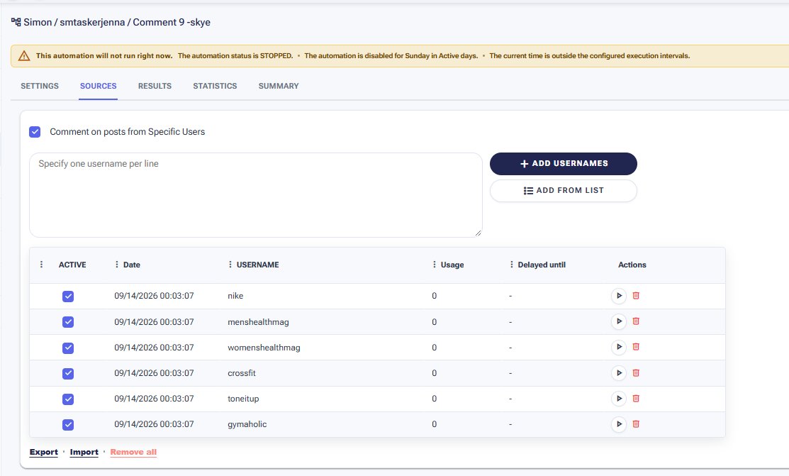 The actual Comment automation Sources tab after the demo changes, showing six saved fitness-related users and a stopped-status notice