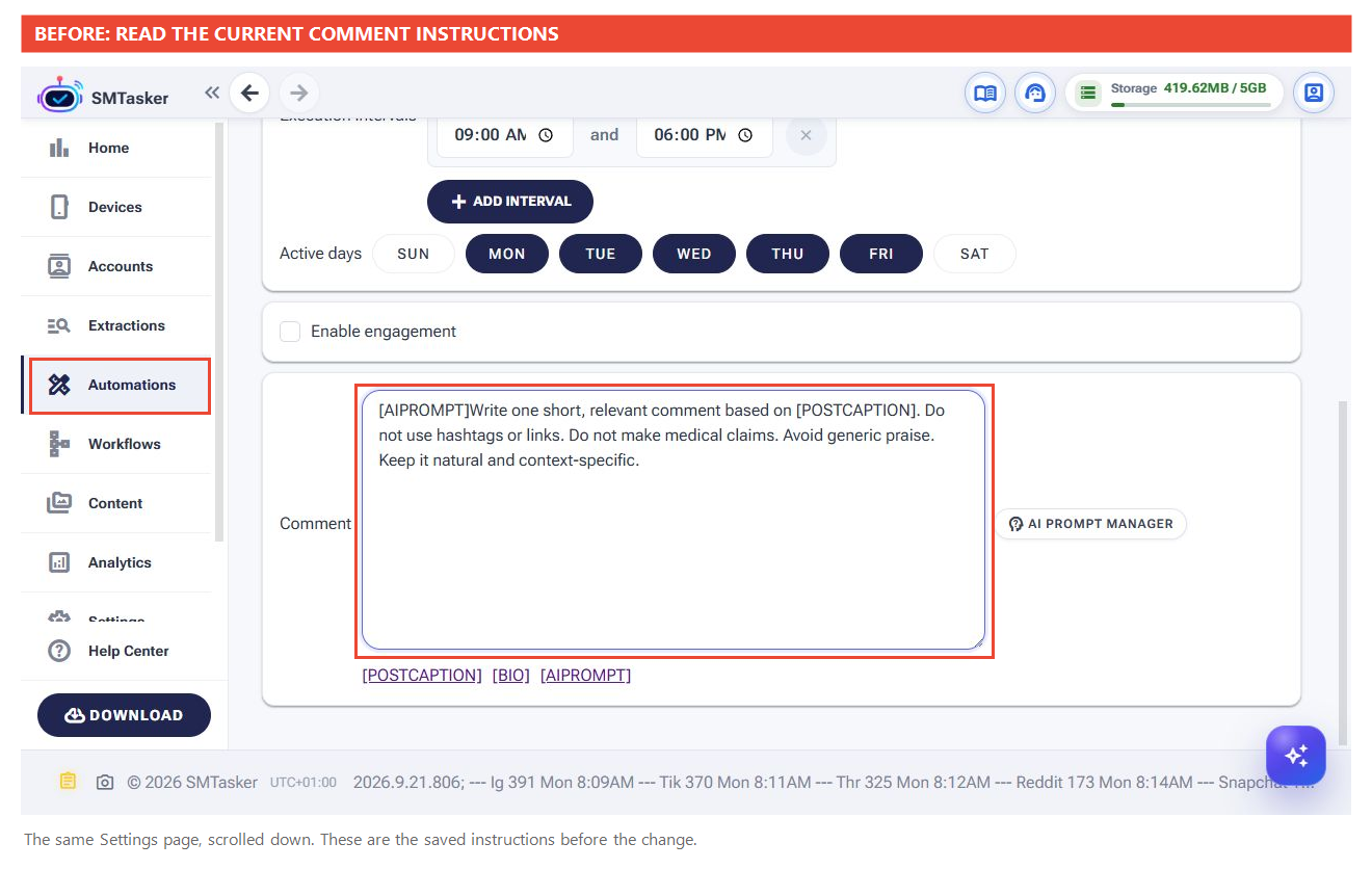 Full scrolled Settings screen with the original Comment instructions highlighted.