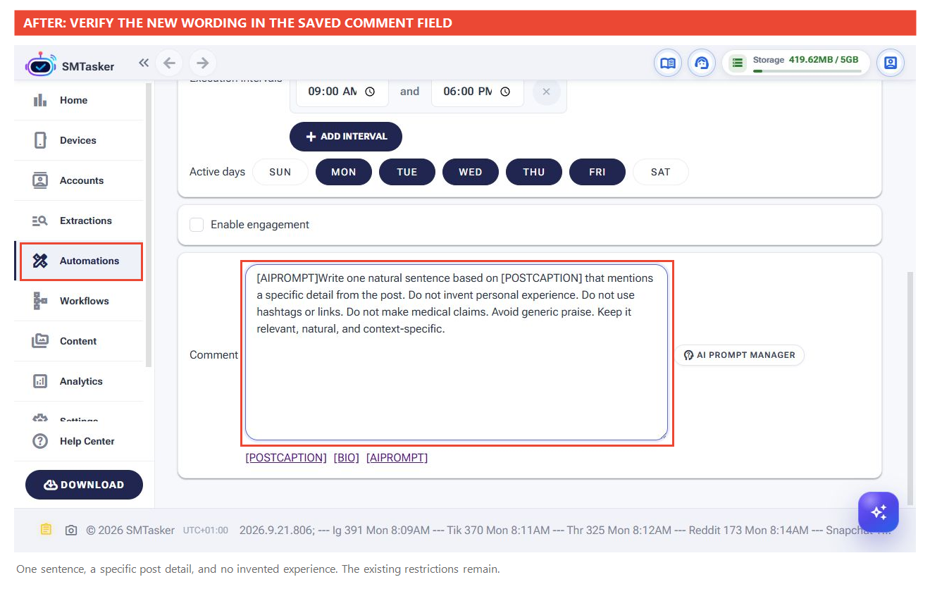Full scrolled automation Settings page showing the saved replacement: one sentence, a specific post detail and no invented personal experience.