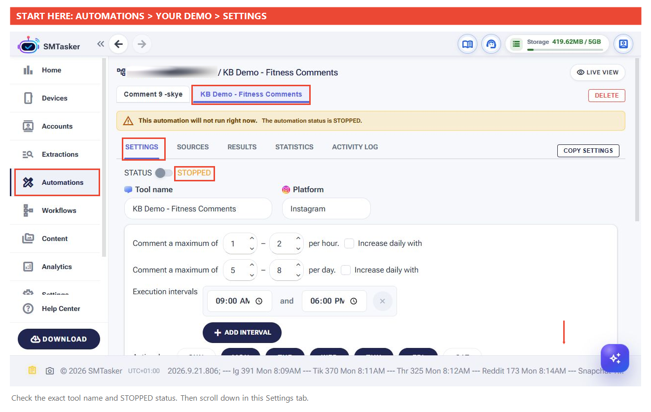 Full automation screen highlighting Automations, the named demo, Settings and STOPPED, with an arrow showing to scroll down.