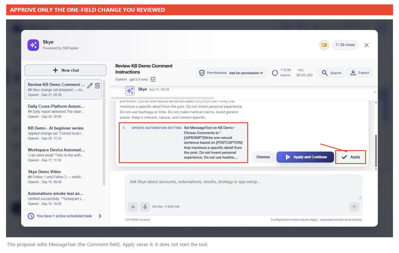 Full Skye window showing one update automation setting action and the Apply button highlighted.