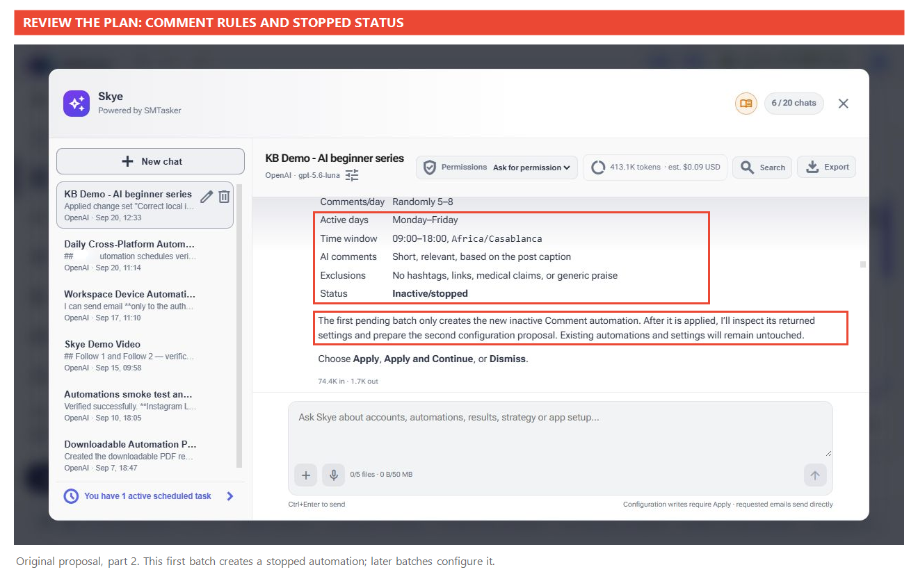 Continuation of the same Skye proposal highlighting comment rules, inactive status and the explanation that the first batch only creates the automation.