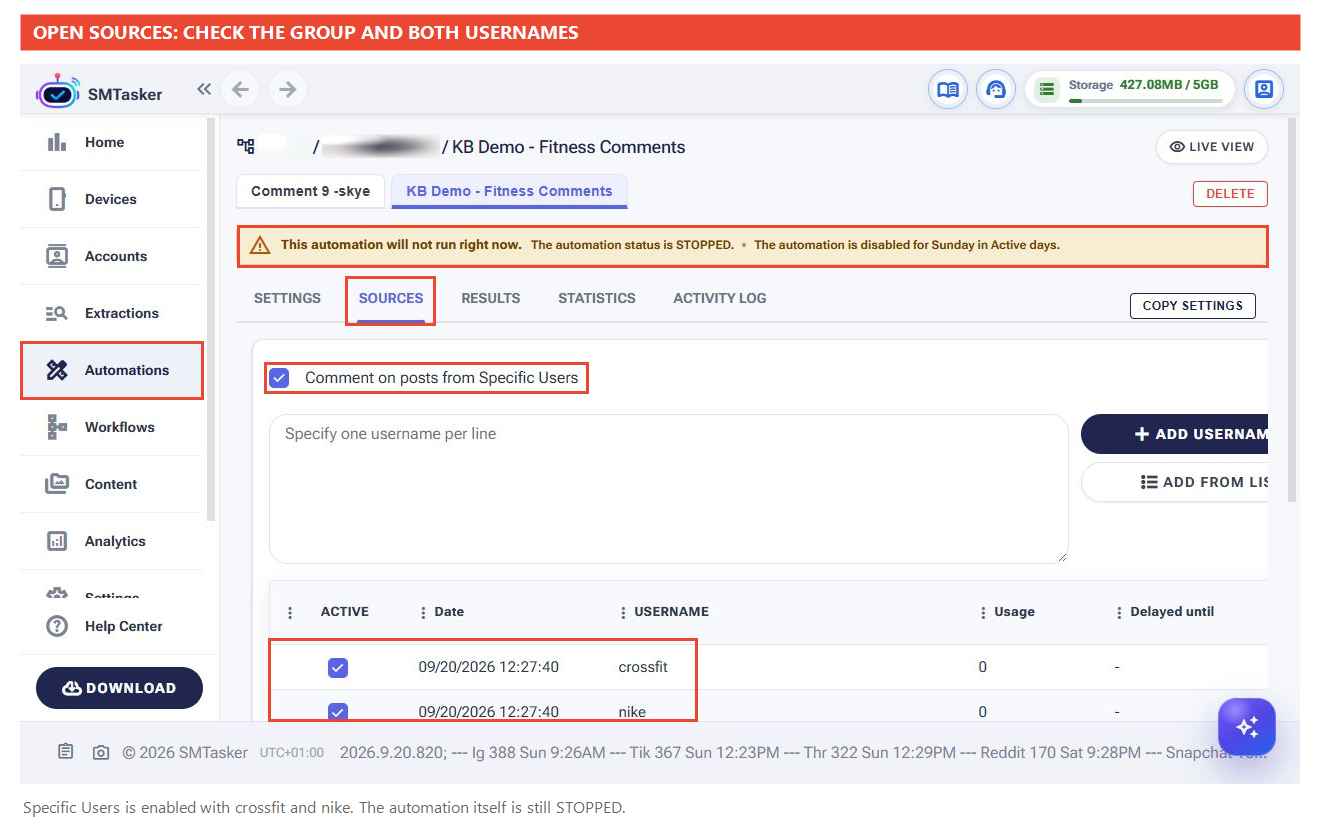 Sources tab with the Specific Users group and crossfit and nike rows active, while the automation remains stopped.