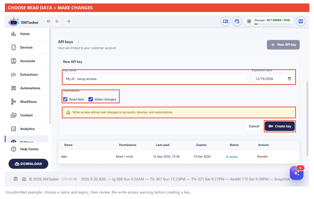 SMTasker key form with Read data and Make changes checked, the write-access warning and Create key button highlighted.