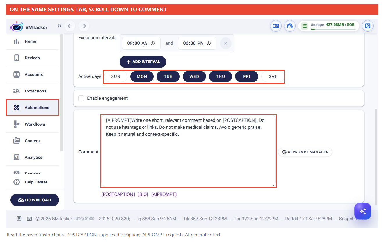 Full scrolled Settings page showing Monday through Friday selected and the saved AI Comment instructions.