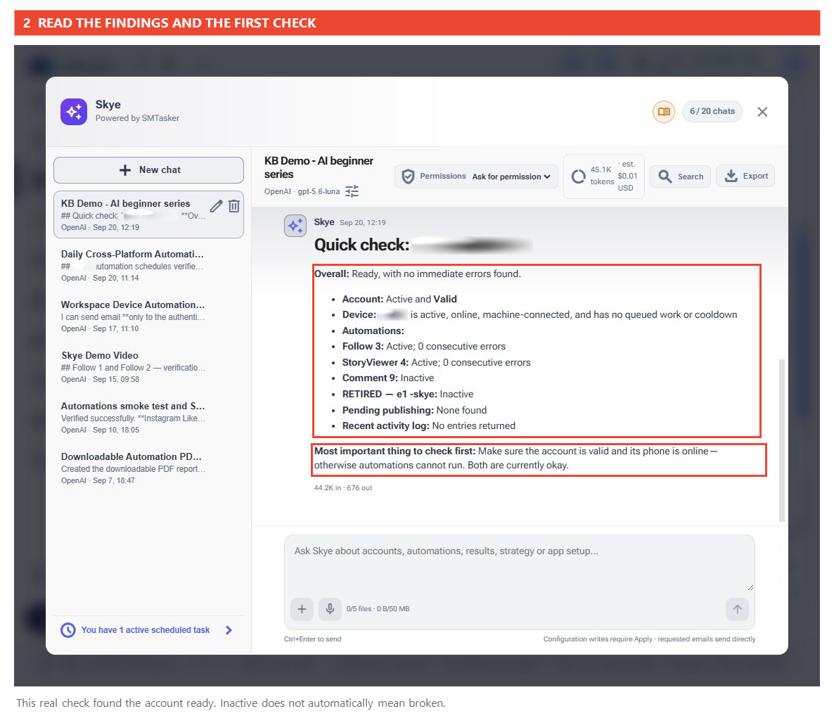 Skye's matching reply reports a valid account and online device, and highlights the first thing to check.