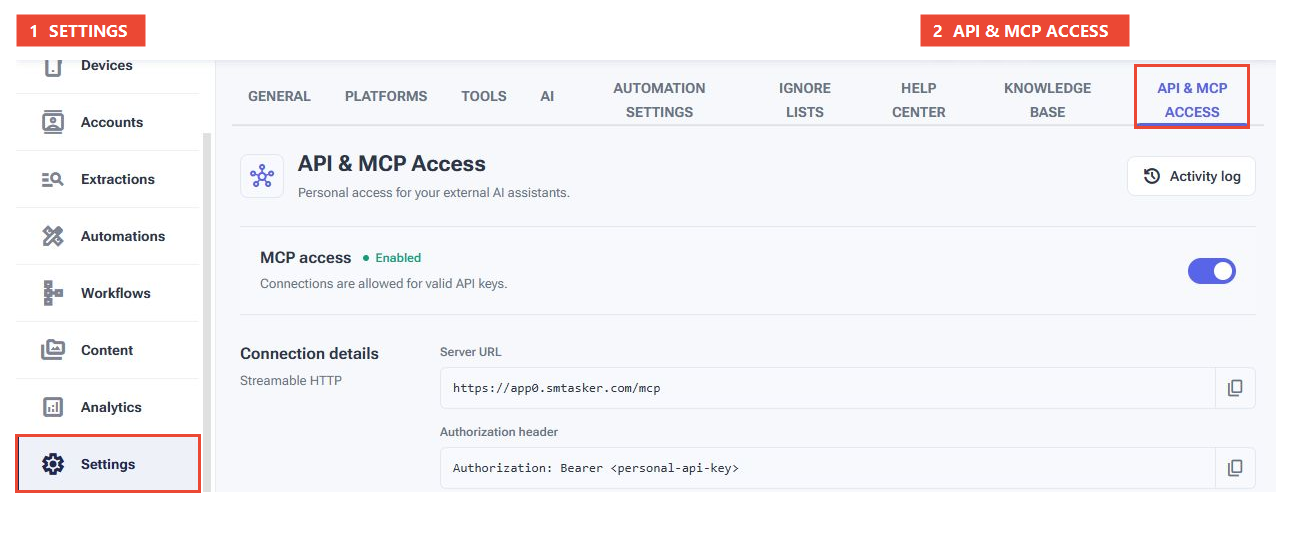 SMTasker Settings screen with the Settings sidebar entry and API and MCP Access tab outlined