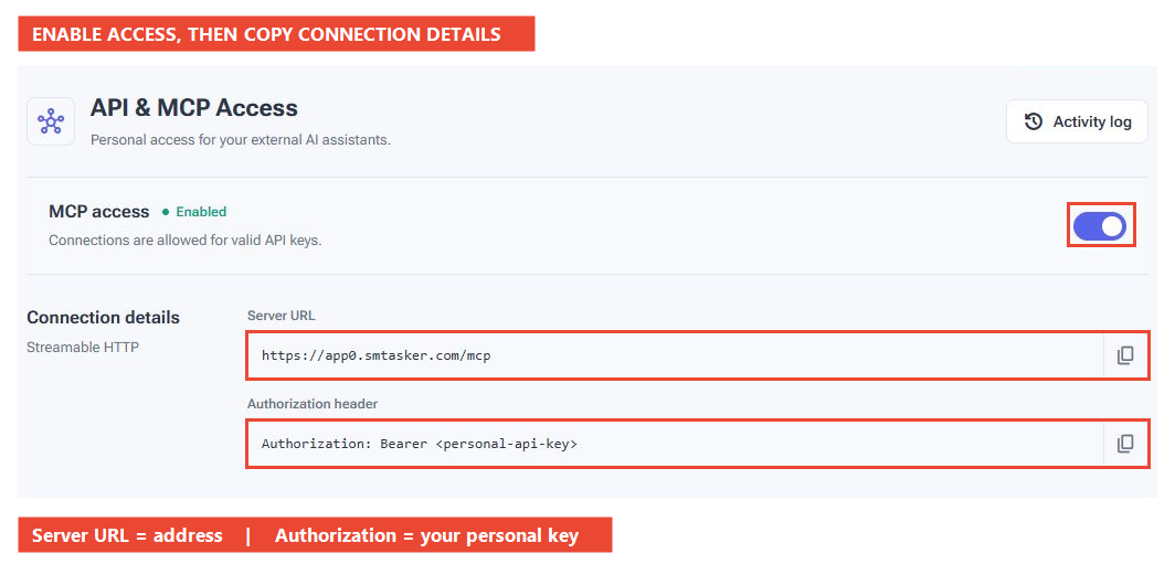 MCP access switch, Server URL and Authorization header template outlined in the real SMTasker settings