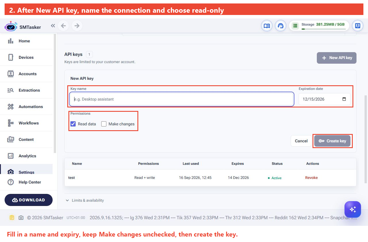 Full-context new-key form highlighting name, expiration, Read data and the create button. Make changes is unchecked.