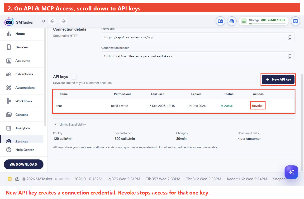 Full scrolled settings screen with the API keys table and New API key button highlighted.