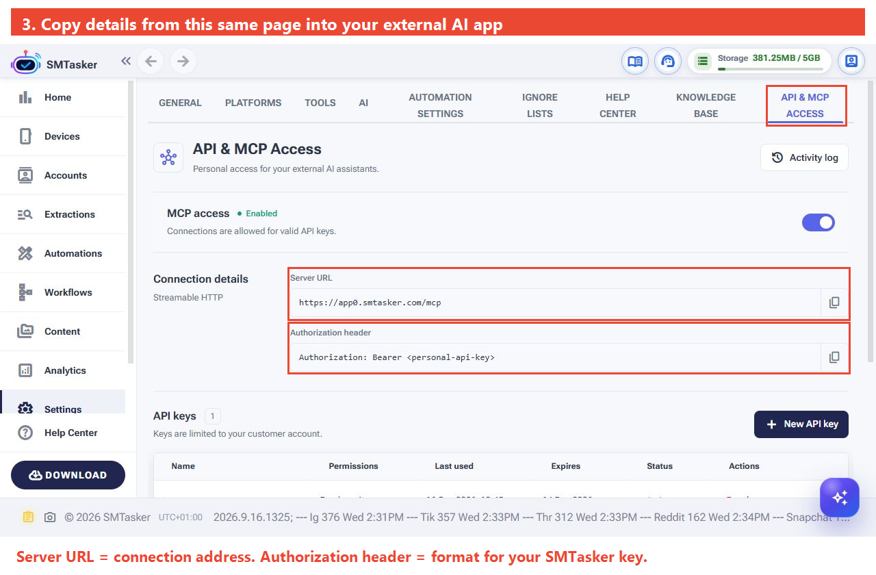 Full API and MCP Access page with the Server URL and header template highlighted.