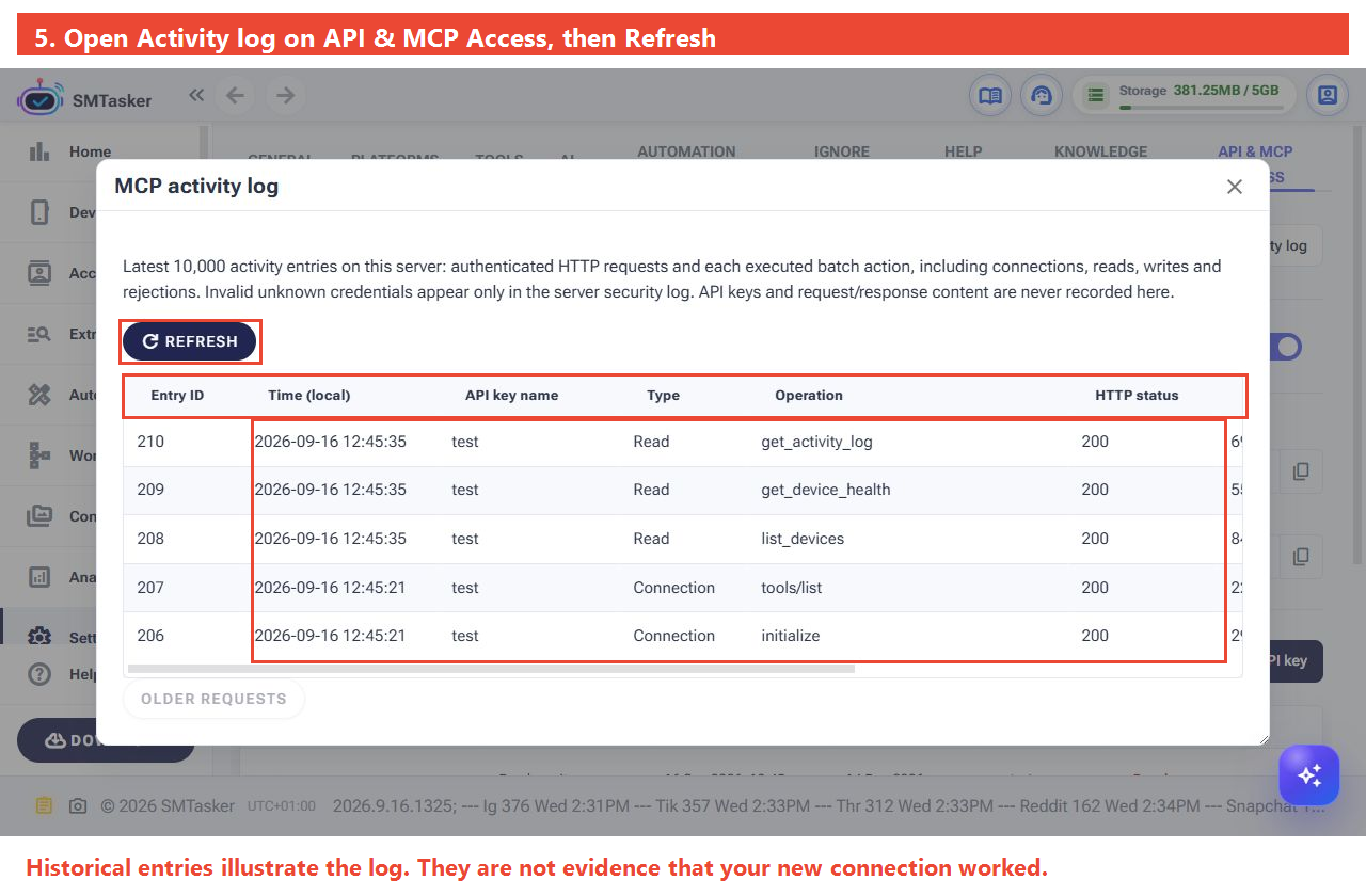 Activity log over the full settings page, with Refresh and request details annotated.