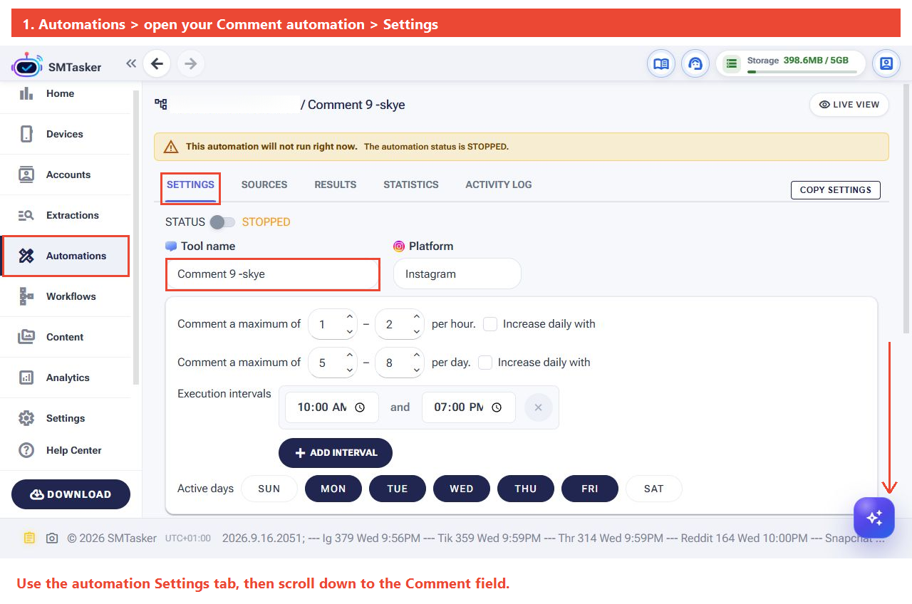 Full automation screen showing Automations in the sidebar, the automation Settings tab and a scroll-down arrow.