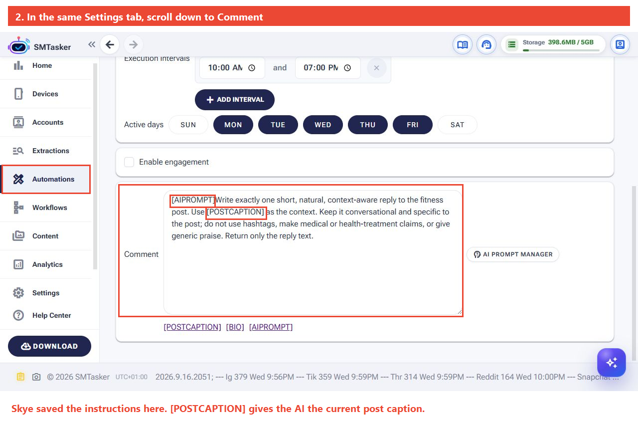 Full scrolled Settings screen with the Comment field highlighted, showing the actual AI prompt Skye saved and the surrounding navigation.