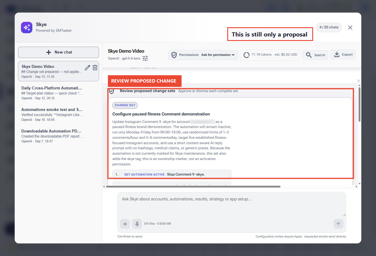 Skye's proposed change set for a paused fitness Comment automation, describing its schedule, limits, audience sources and AI reply instructions