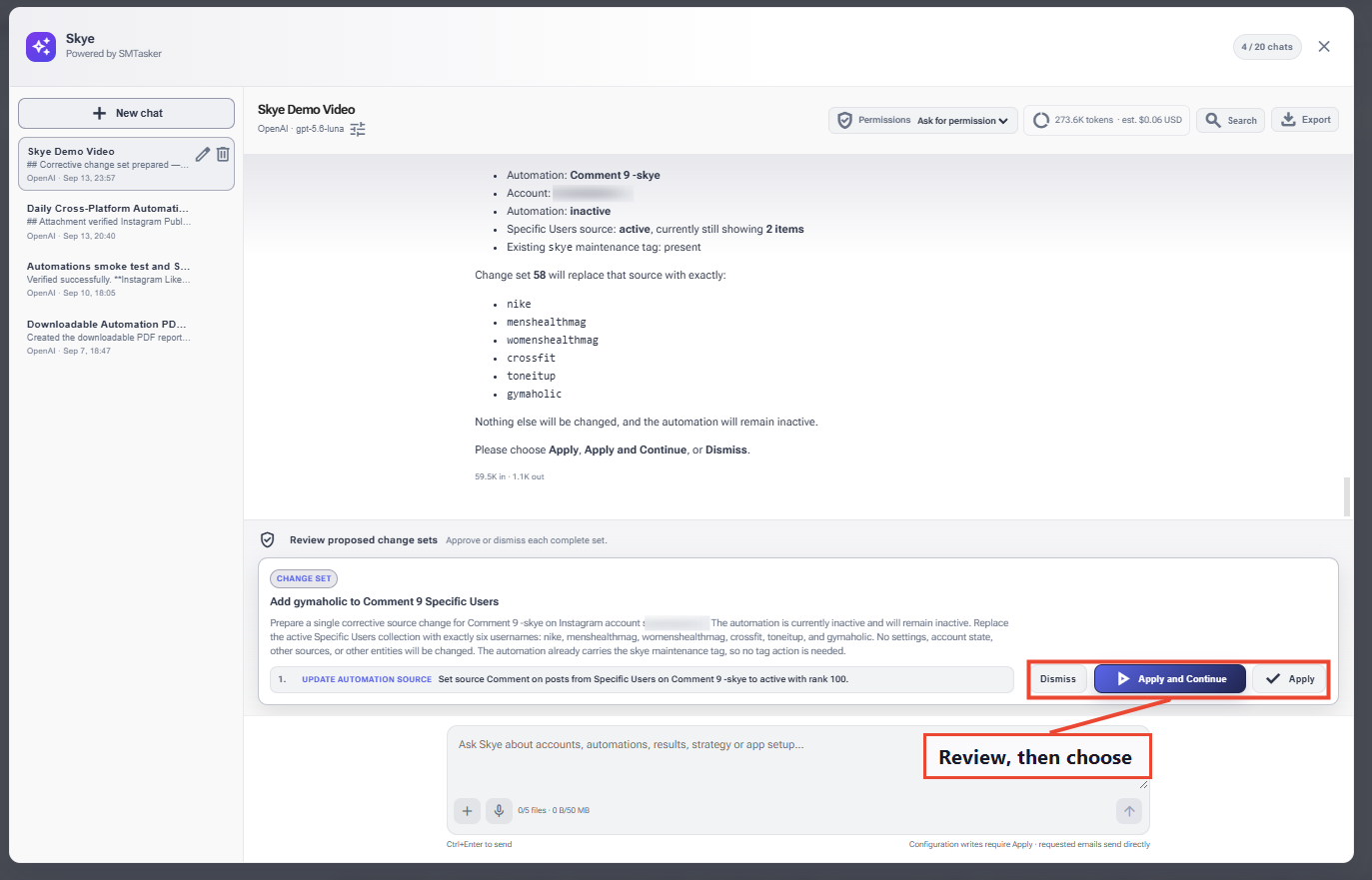 Real Skye source-list revision showing the change description and the Dismiss, Apply and Continue, and Apply buttons at the bottom-right of the proposal