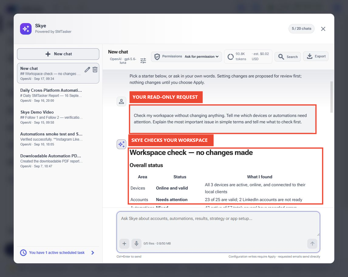 The exact read-only request and Skye's matching response, showing connected devices and two LinkedIn accounts needing attention