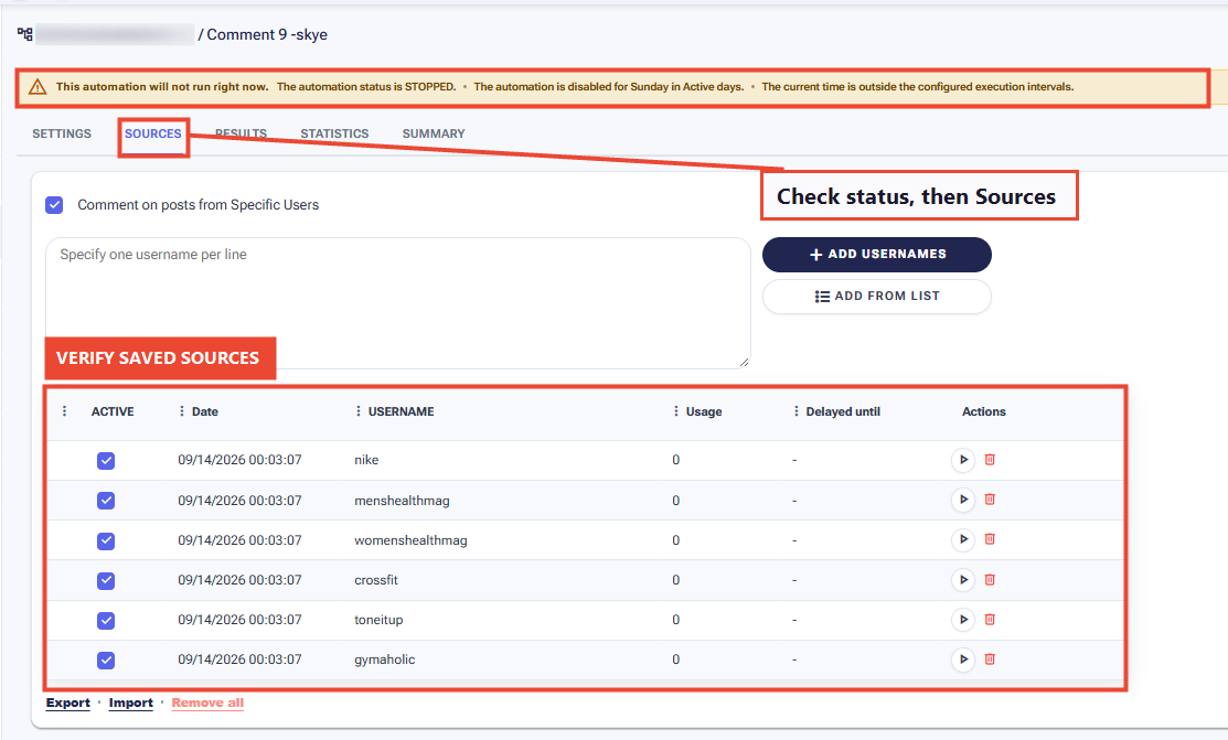 The actual Comment automation Sources tab after the demo changes, showing six saved fitness-related users and a stopped-status notice