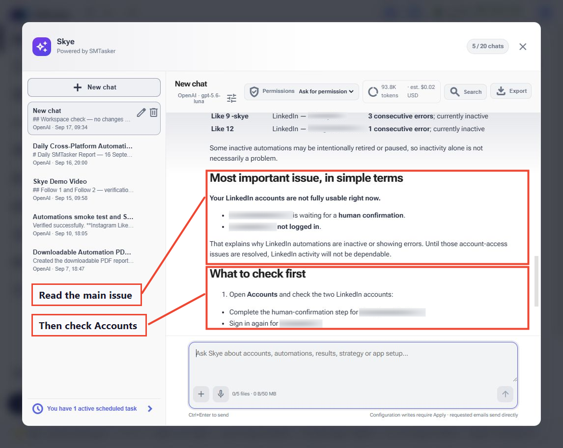 Skye explains the LinkedIn account-access issue and recommends checking Accounts first; private account names are blurred