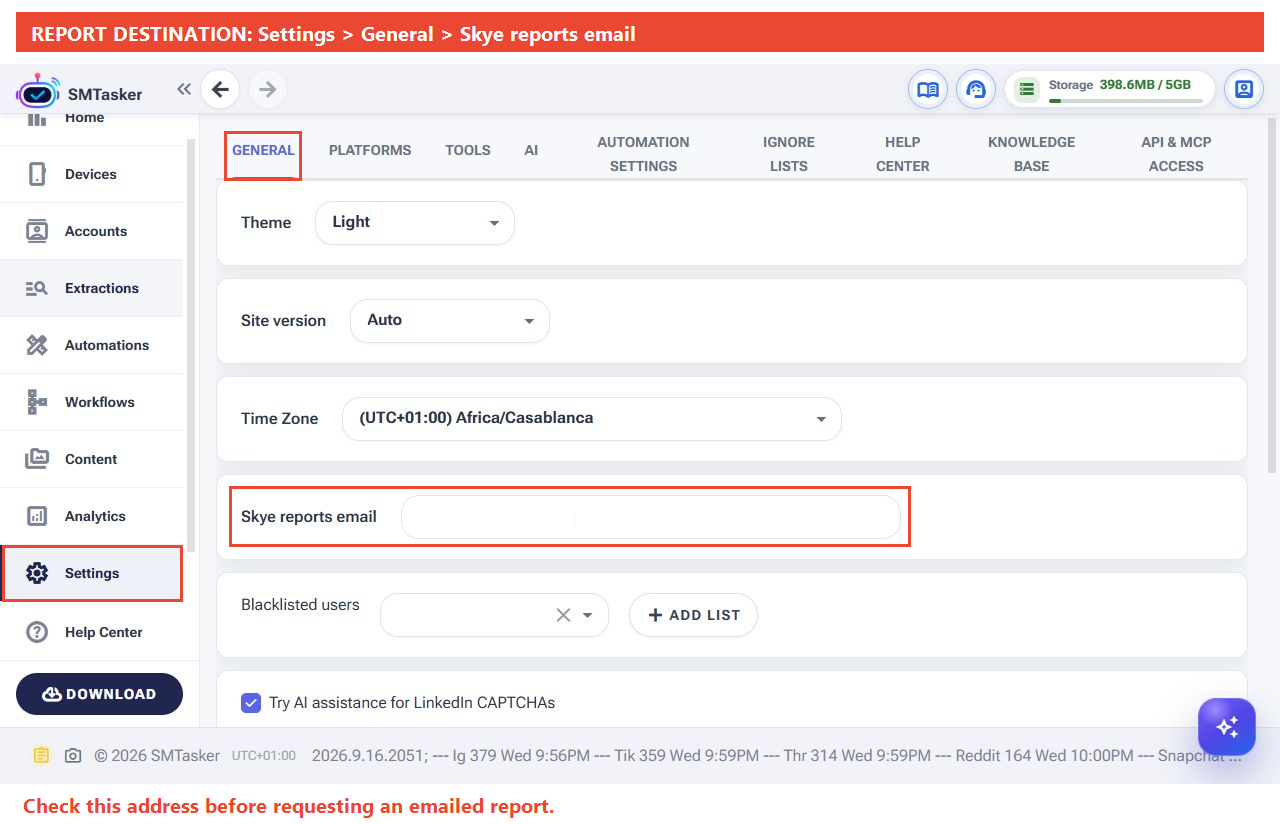 Full SMTasker Settings screen highlighting Settings in the sidebar, the General tab and Skye reports email; the private email address is blurred.