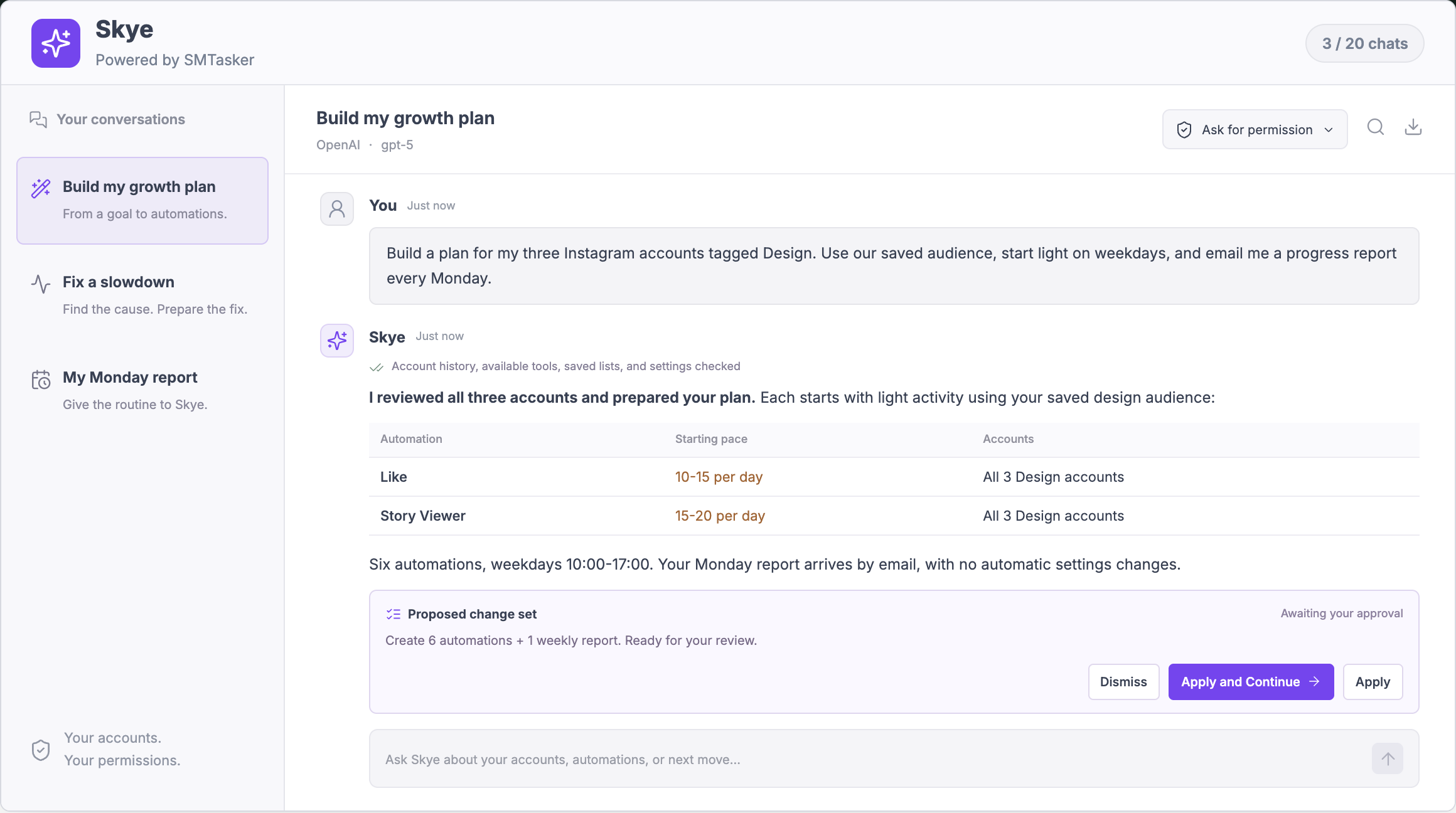 Skye AI manager helping configure a workflow inside SMTasker