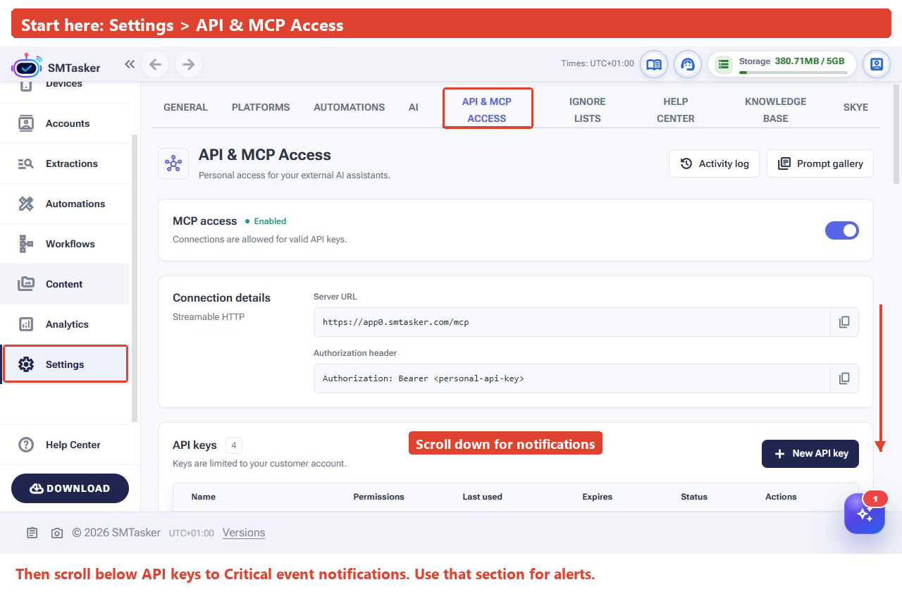 Full SMTasker Settings screen with Settings and the API and MCP Access tab outlined, plus an arrow to scroll down to notifications.