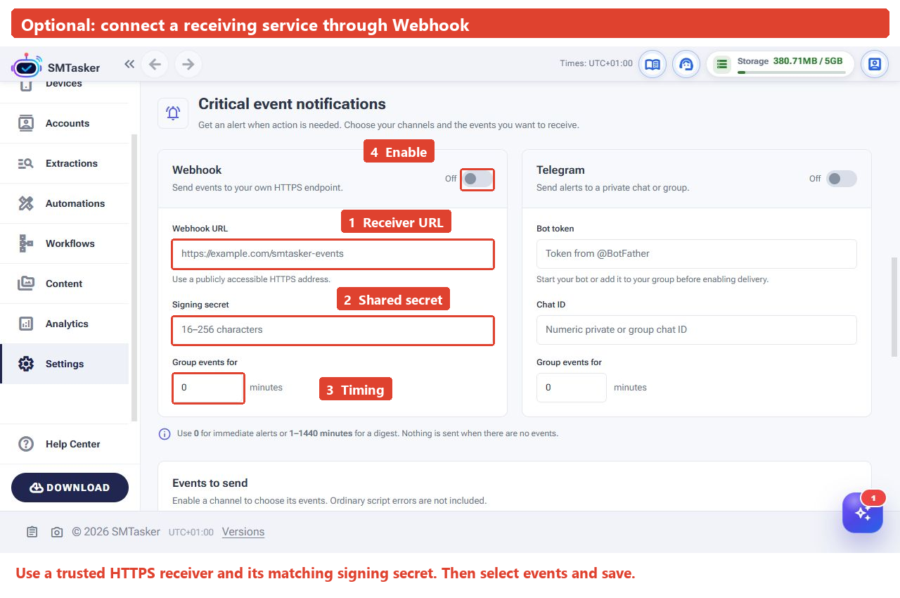 Full SMTasker notification screen with the Webhook URL, signing secret, grouping interval and enable switch outlined on the left.