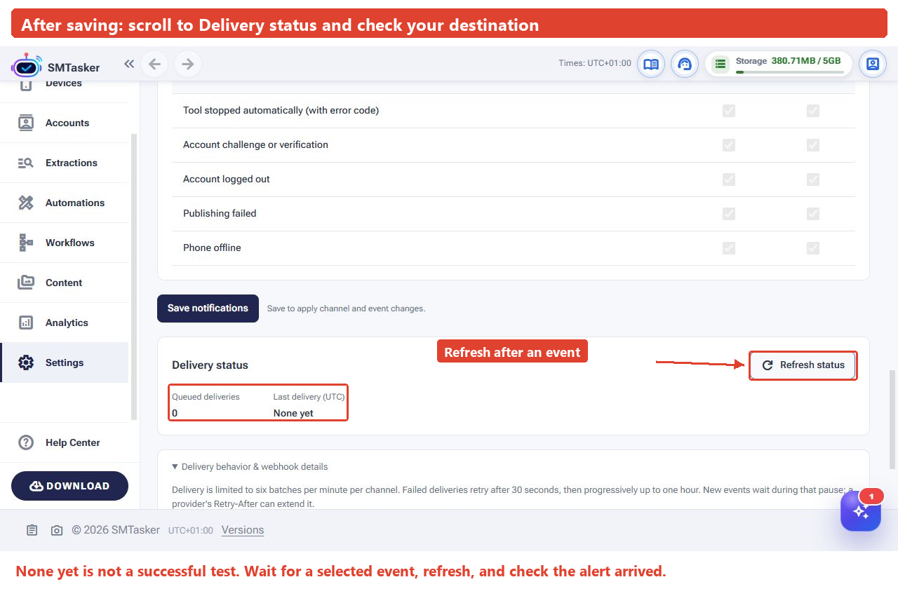 Full SMTasker screen highlighting Queued deliveries, Last delivery UTC and Refresh status. The reference screen shows zero queued deliveries and None yet.