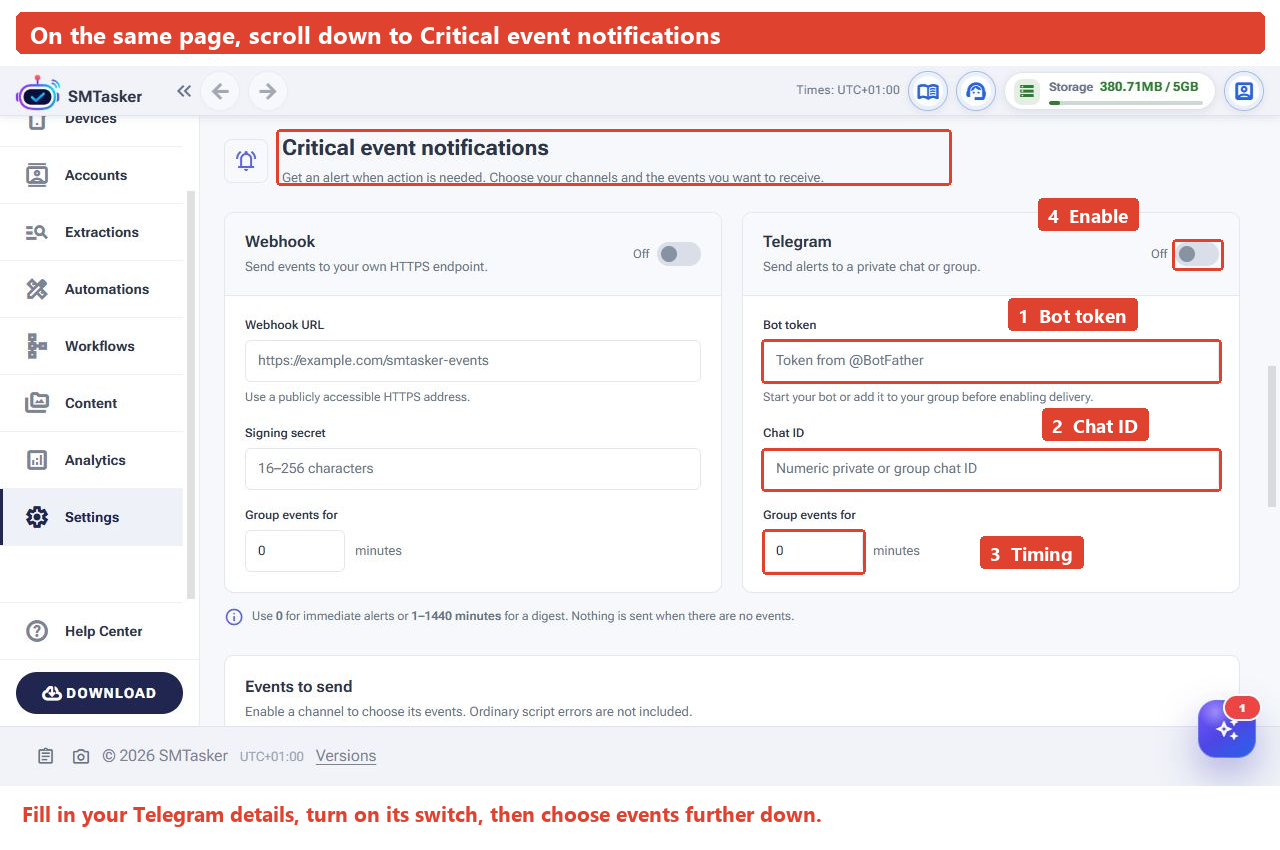 Full scrolled SMTasker screen with the Telegram Bot token, Chat ID, Group events for and enable switch annotated in order.