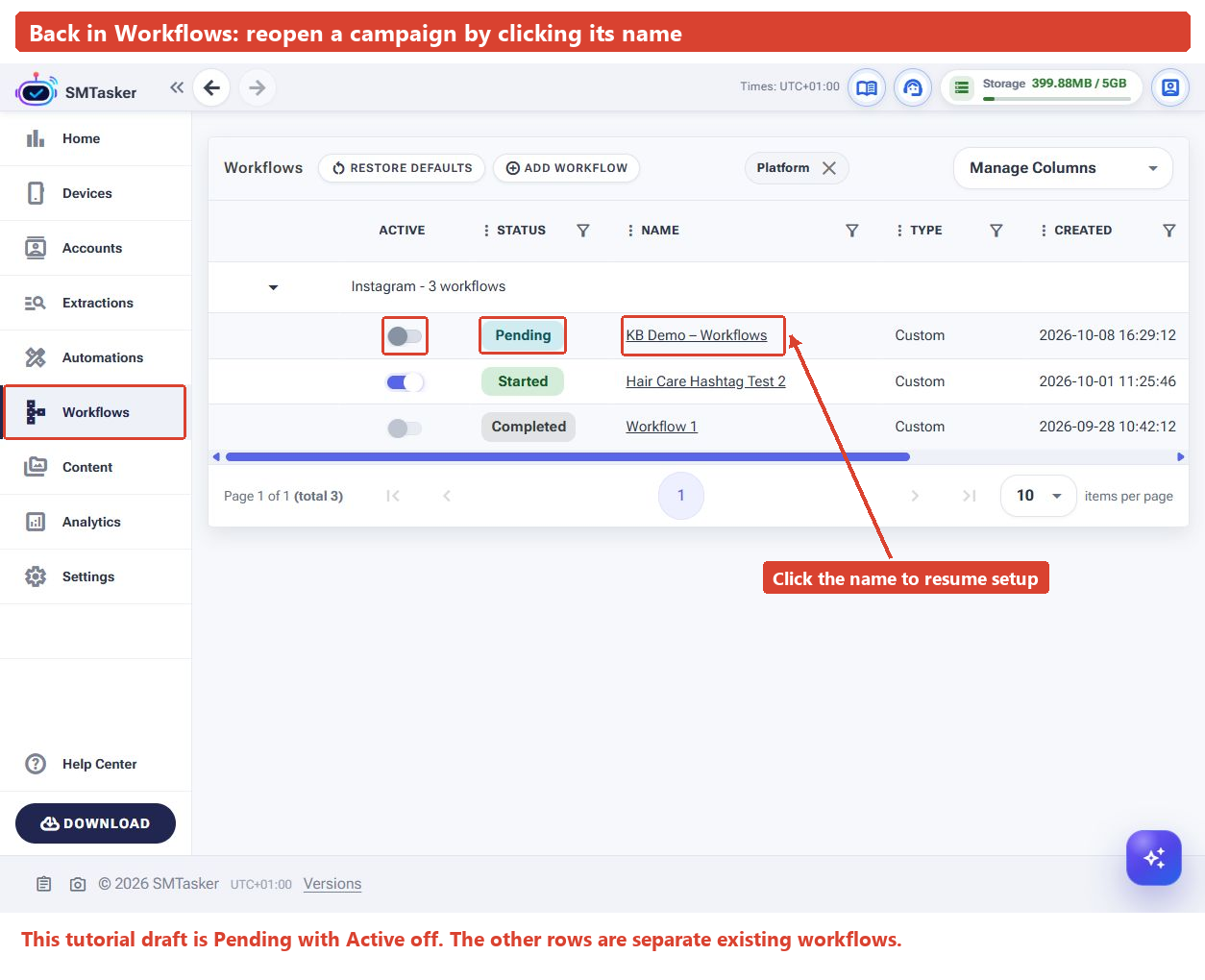 Workflows list showing KB Demo – Workflows as Pending with the Active switch off; its name is highlighted for reopening.