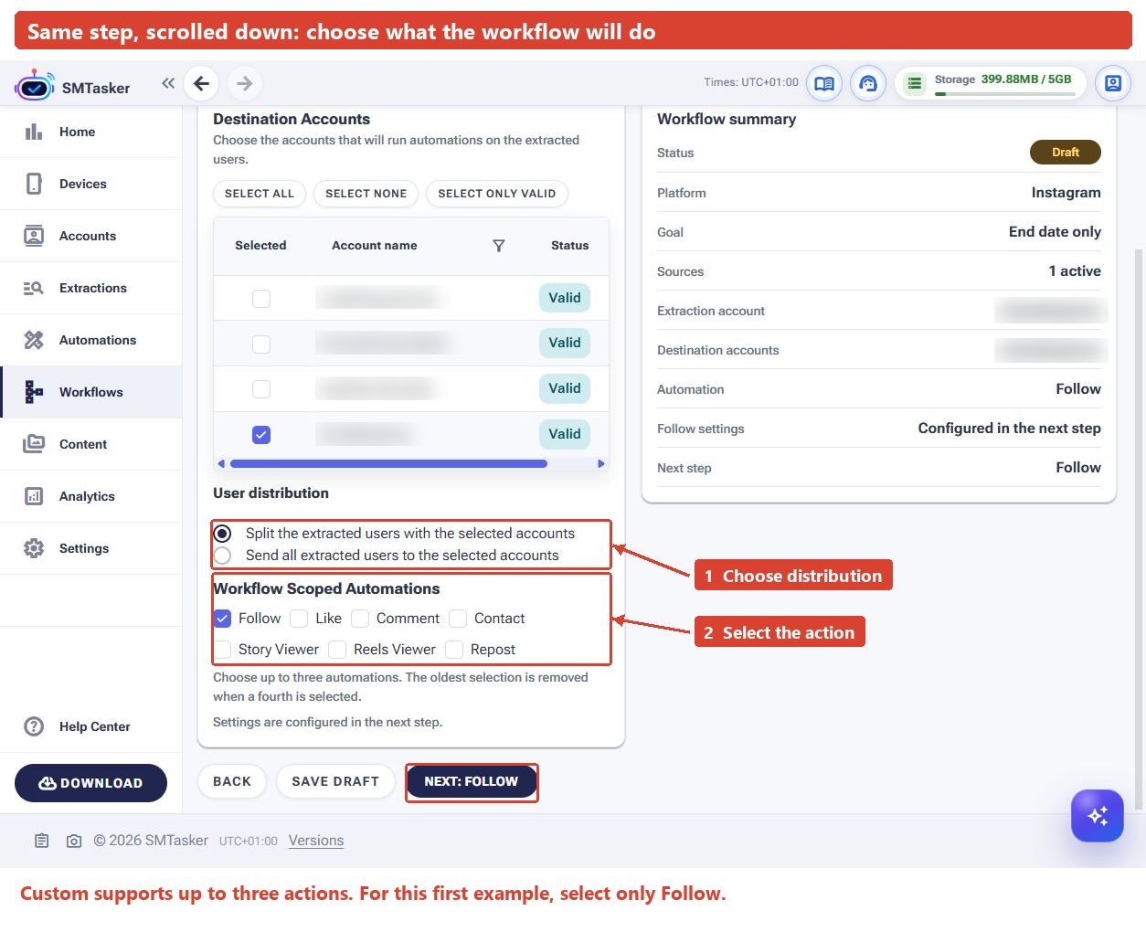 Same Destination Accounts page scrolled down, with distribution options, workflow action checkboxes and Next Follow highlighted.