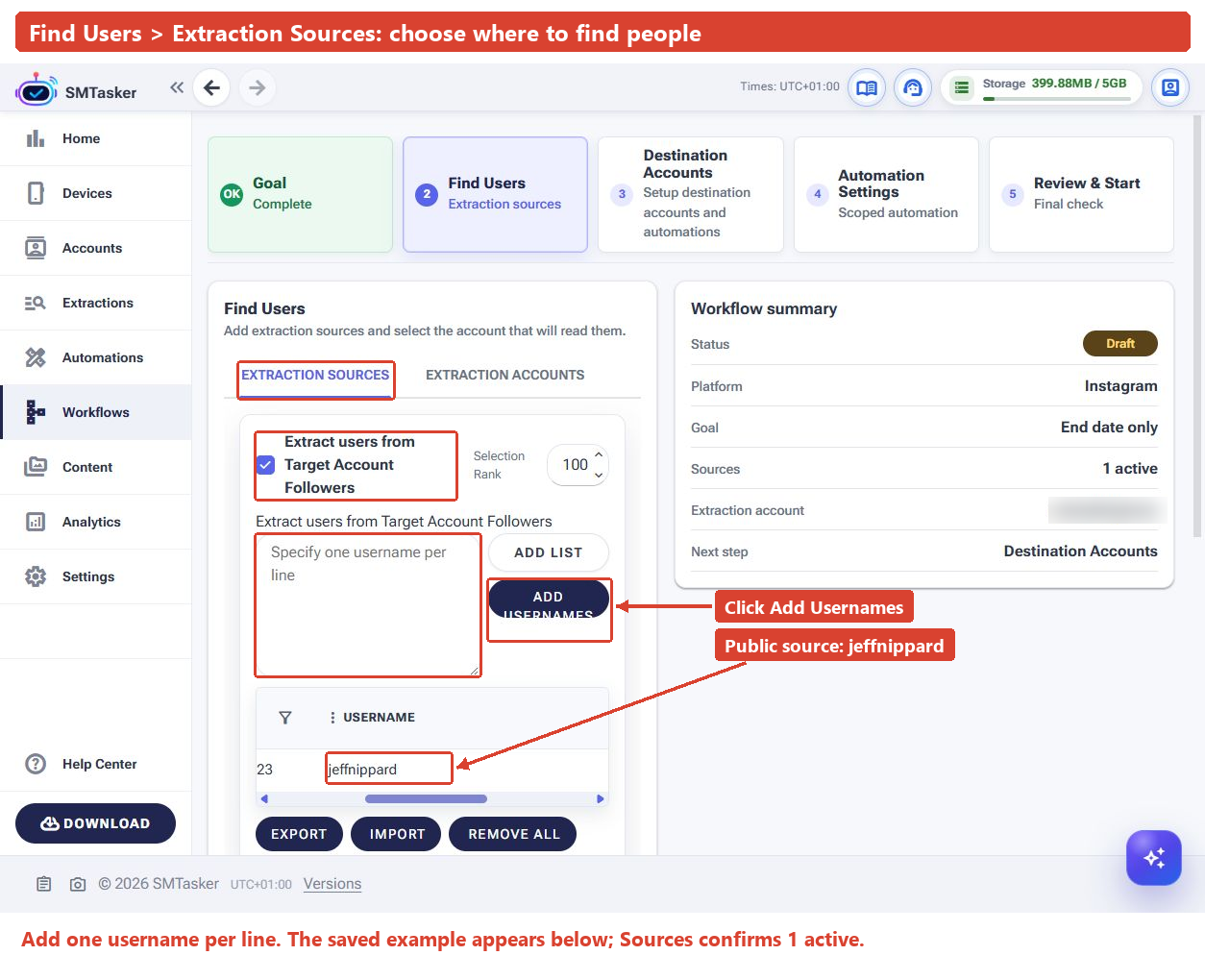 Find Users screen showing the Target Account Followers source, username entry area, Add Usernames button, saved jeffnippard row and one active source in the summary.