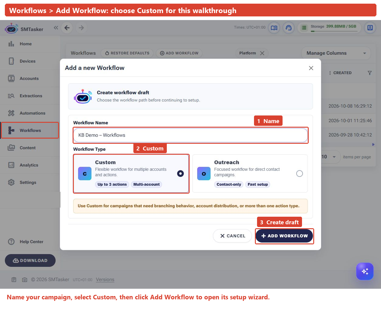 SMTasker Add a new Workflow dialog with the workflow name, selected Custom option and Add Workflow button outlined in coral.