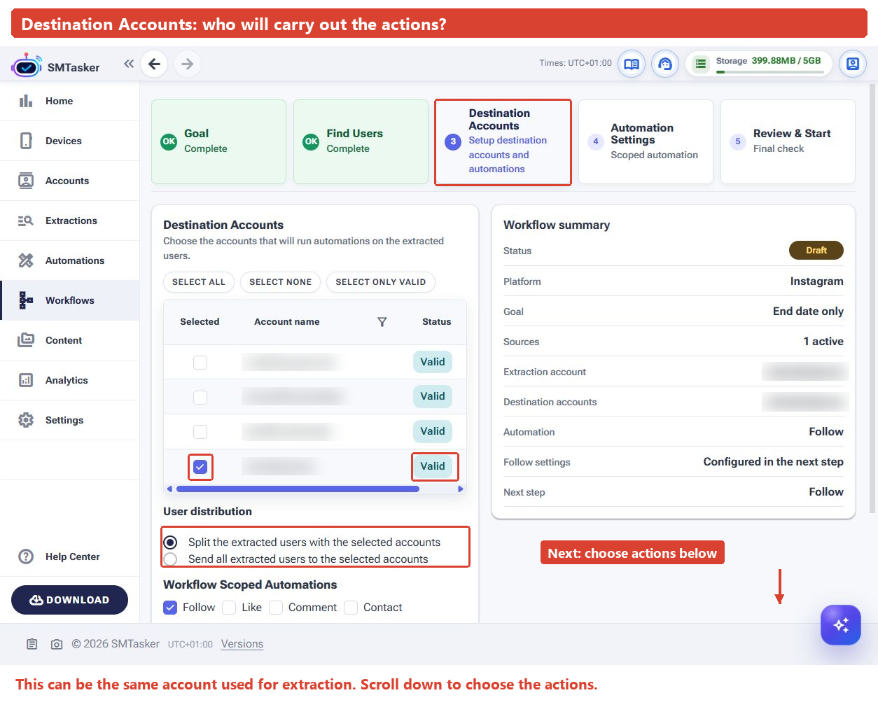 Destination Accounts wizard step with the selected account checkbox and Valid status outlined, plus an instruction to scroll down for action choices.